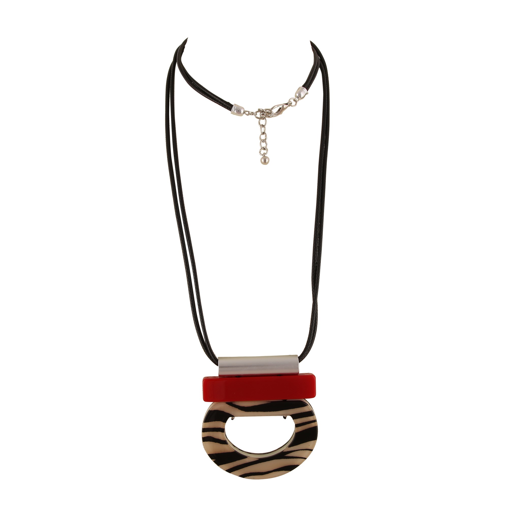 Acrylic And Metal Pendant Necklace Red Silver Zebra