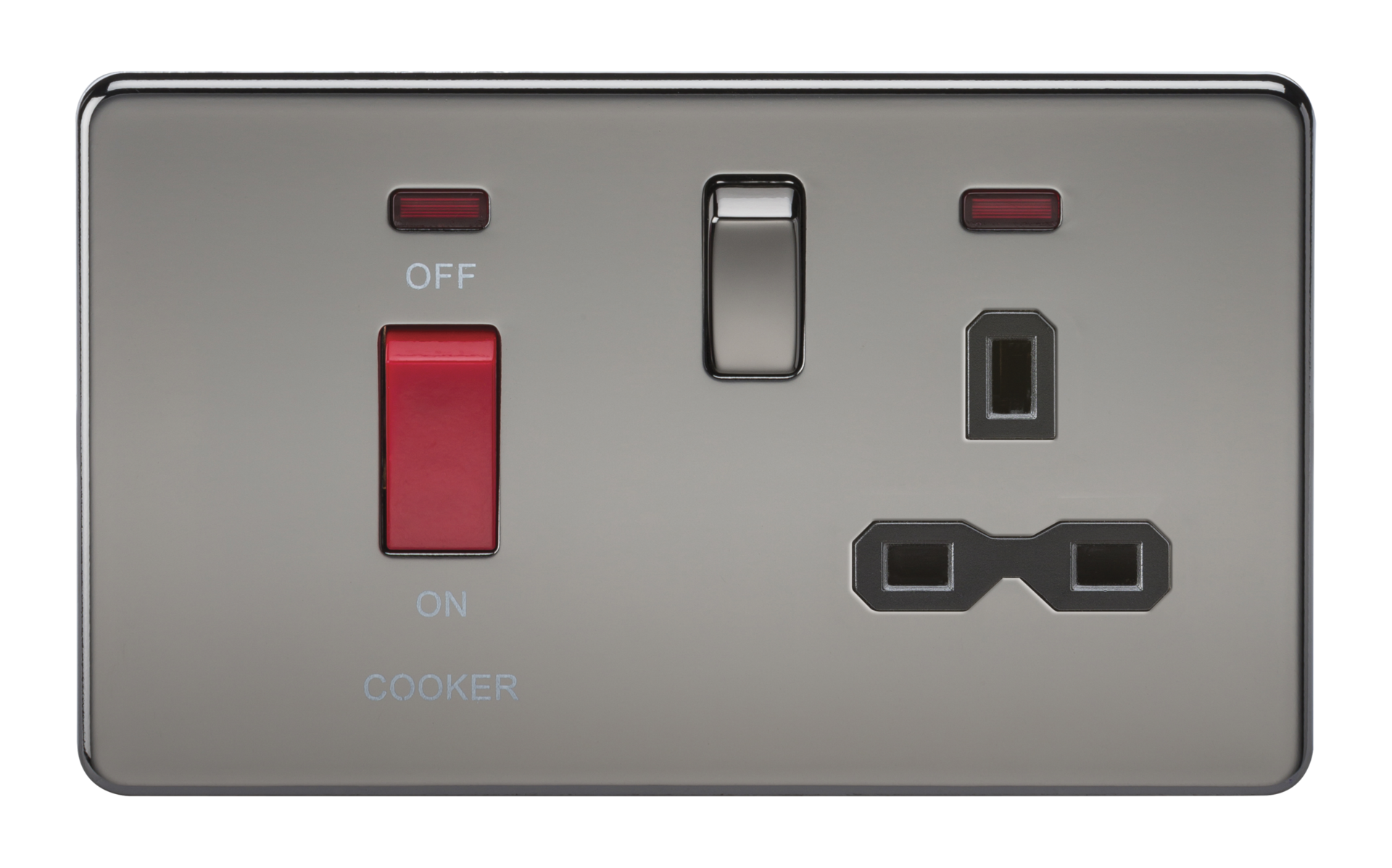 SCREWLESS 45A DP SWITCH & 13A SWITCHED SOCKET WITH NEONS BLACK NICKEL