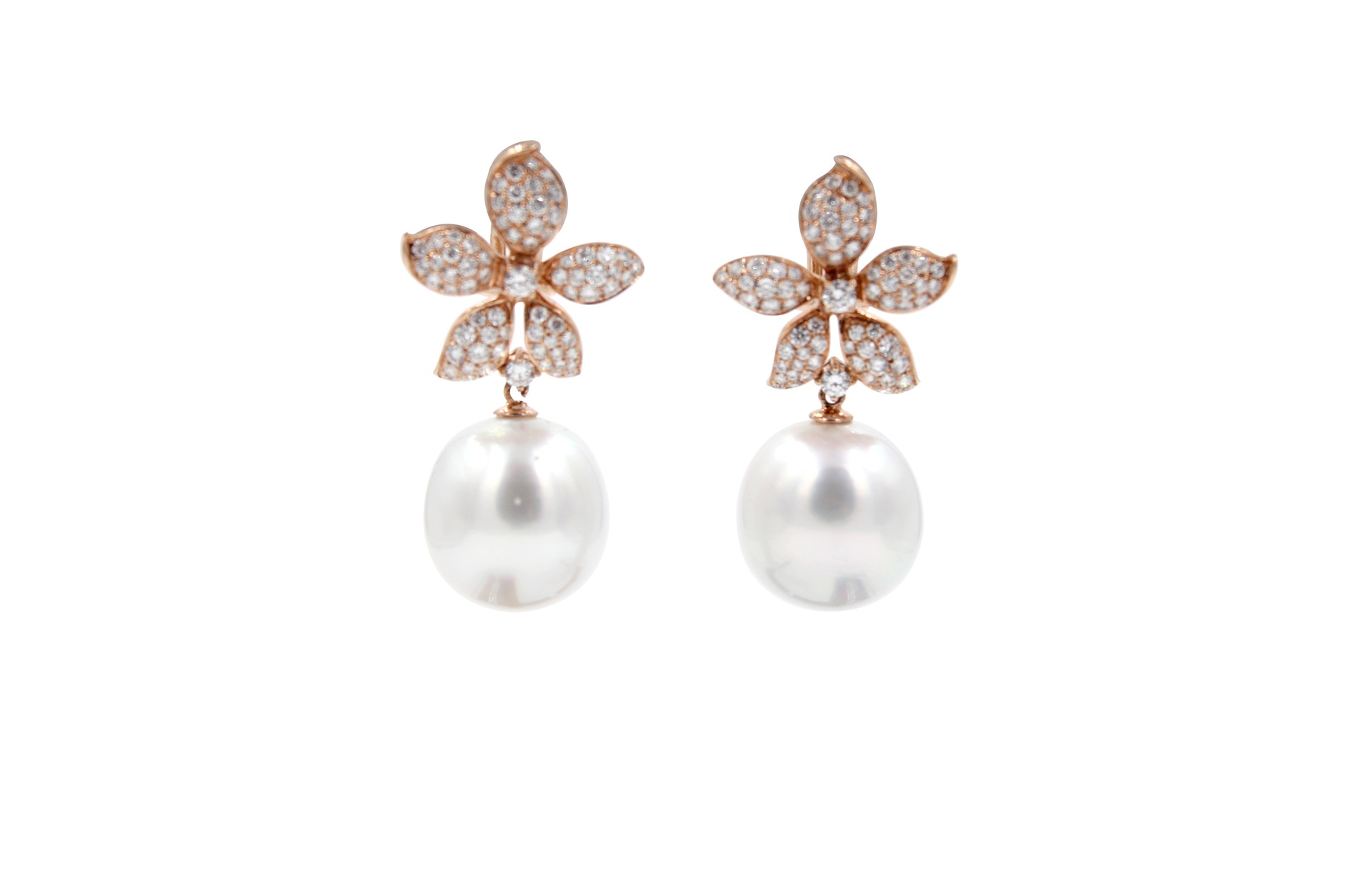 Silver South Sea Pearl Diamond Flower Earrings