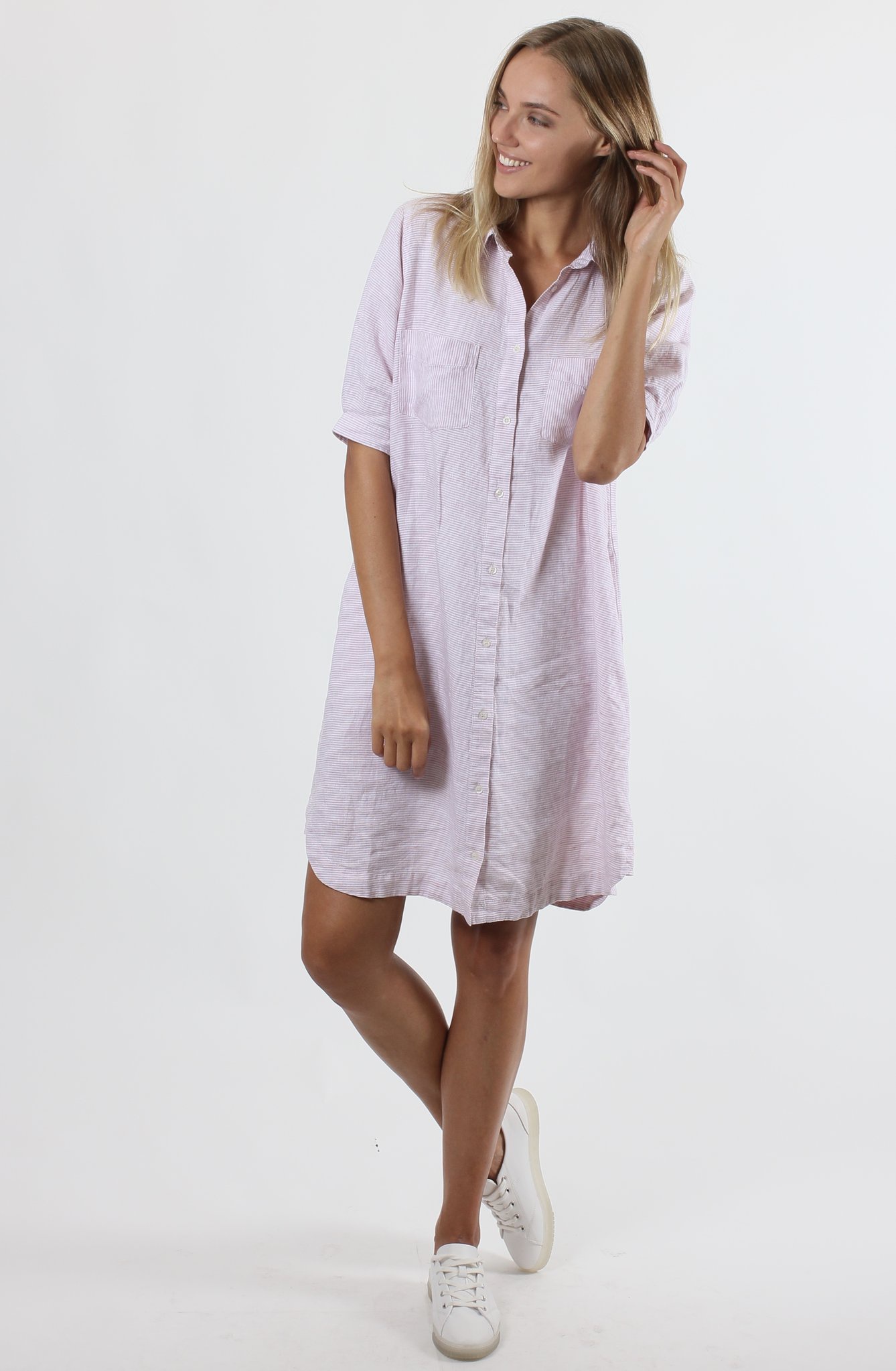 Hut Linen The Everyday Shirt Dress In Ballerina Pink and White Stripe